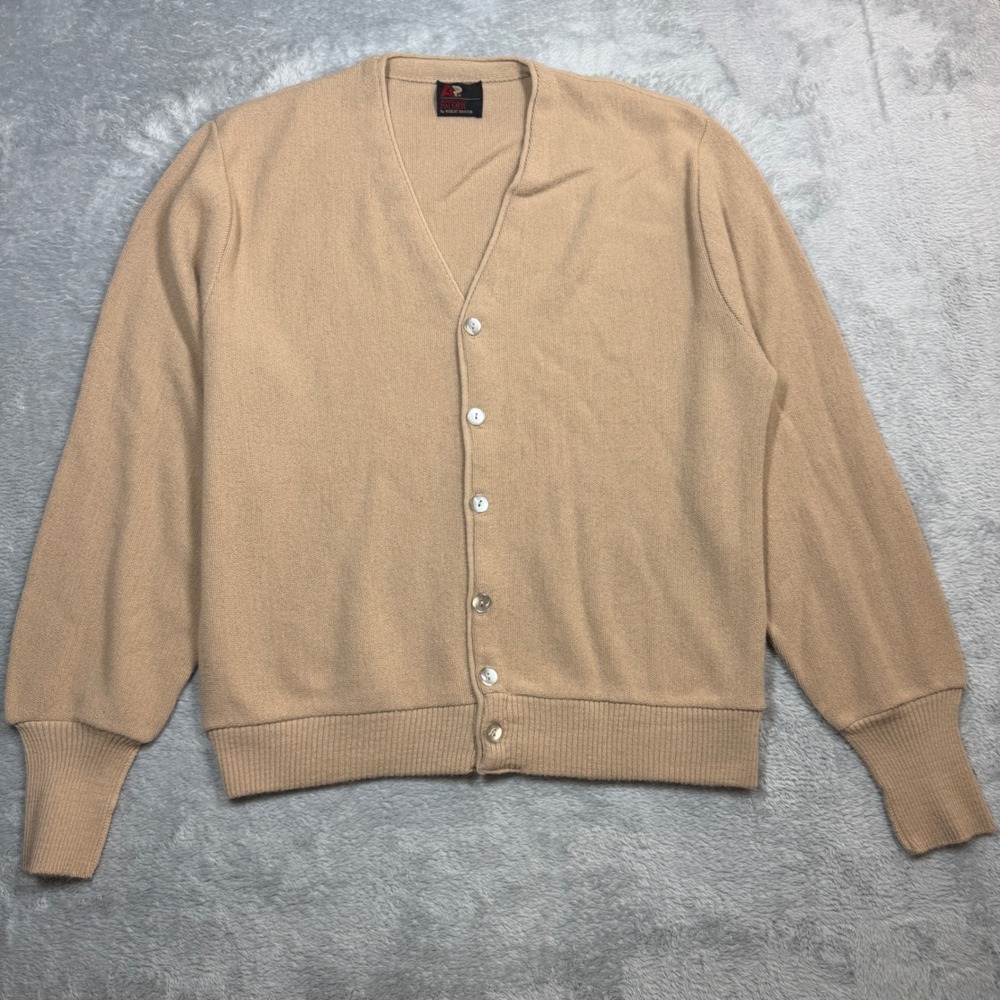 Vintage Arnold Palmer Cardigan Sweater Mens L Tan Orlon Acrylic USA Made 70s